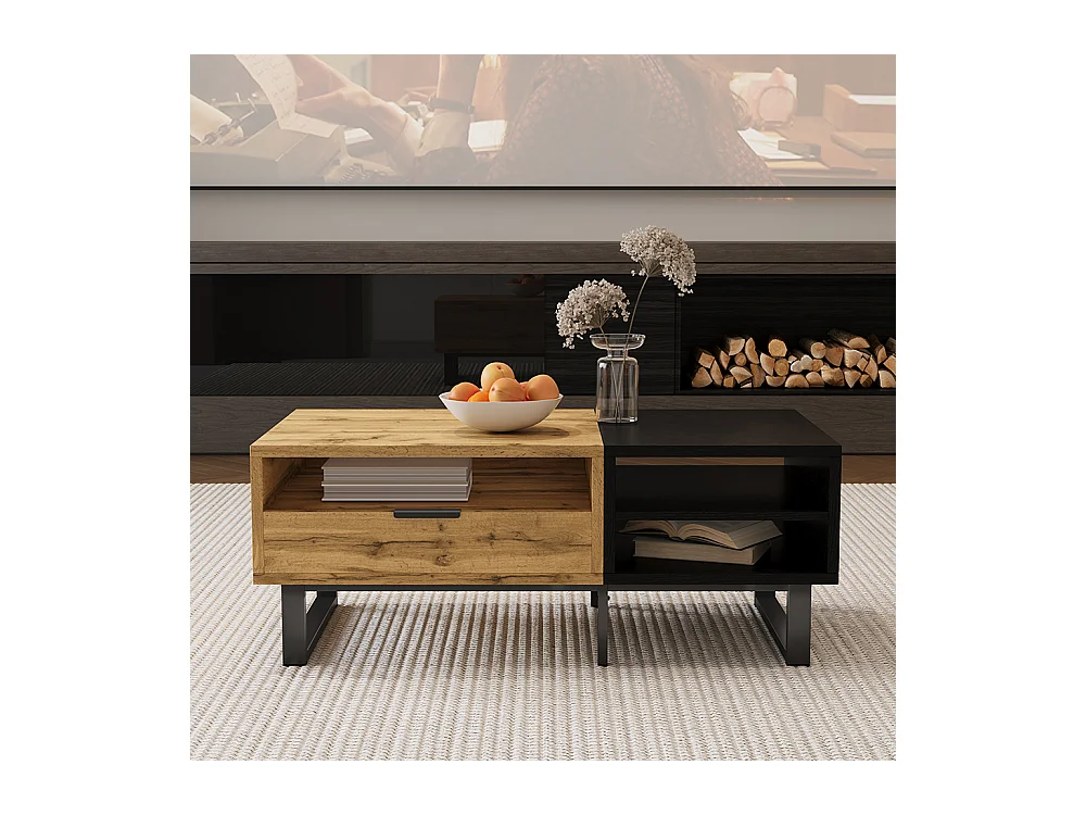 Table basse, table de salon avec structure en bloc de couleur, avec compartiments et tiroirs, pieds en métal.