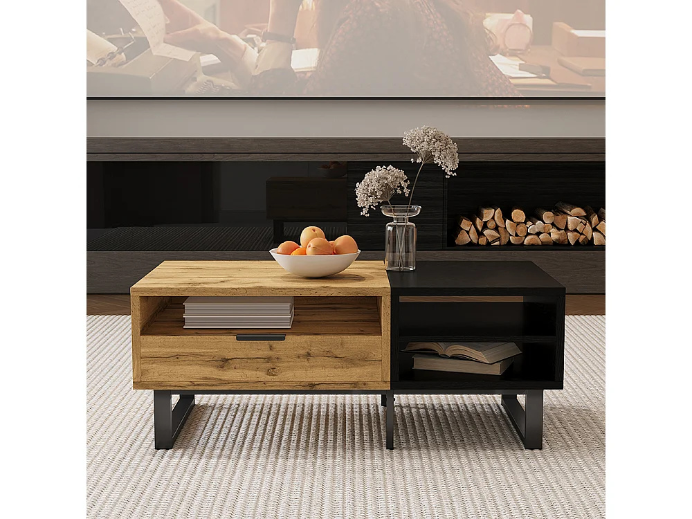 Tavolino, tavolino con struttura a blocchi colorati, con scomparti e cassetti, gambe in metallo.