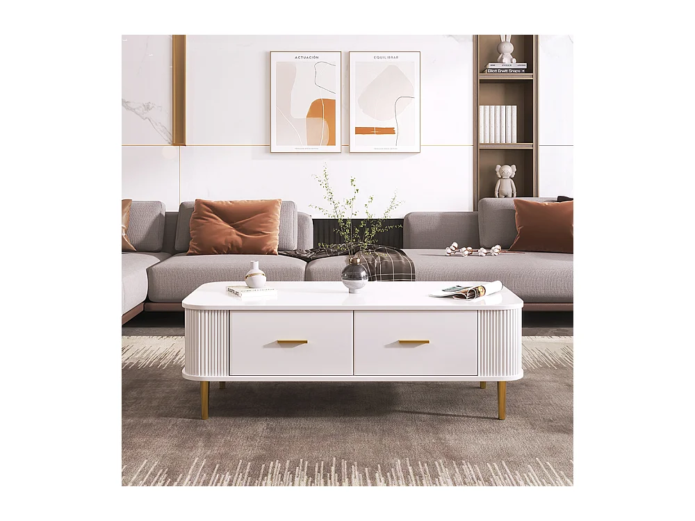 Salontafel met laden, gebogen hoeken, salontafel met gegolfde zijkanten, gouden handgrepen en pootjes, bijzettafel