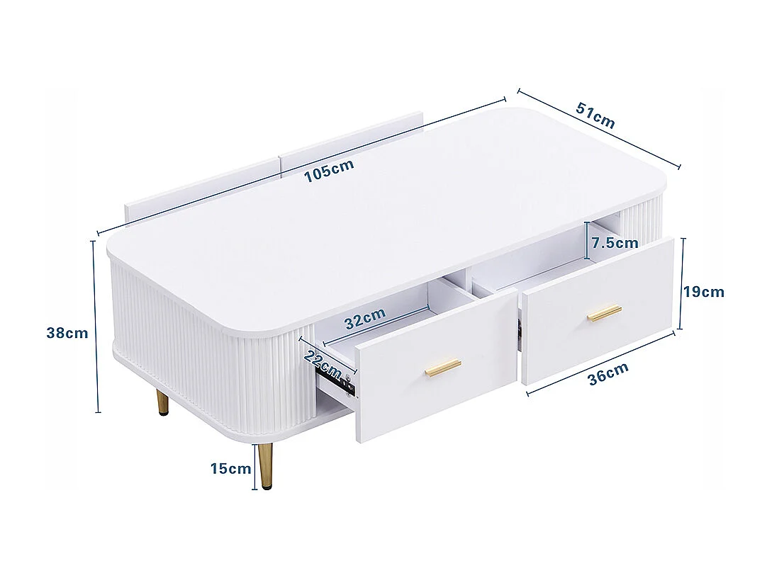Couchtisch mit Schubladen, geschwungene Ecken, Wohnzimmertisch mit gewellten Seiten, goldenen Griffen und Füßen, Beistelltisch