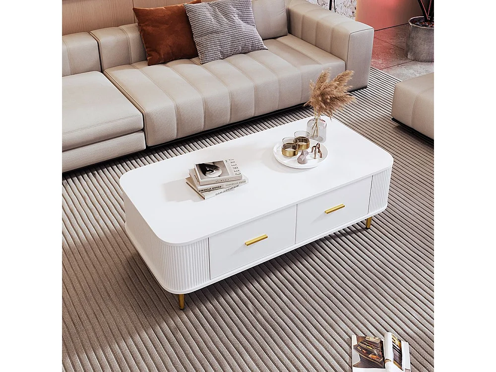 Couchtisch mit Schubladen, geschwungene Ecken, Wohnzimmertisch mit gewellten Seiten, goldenen Griffen und Füßen, Beistelltisch