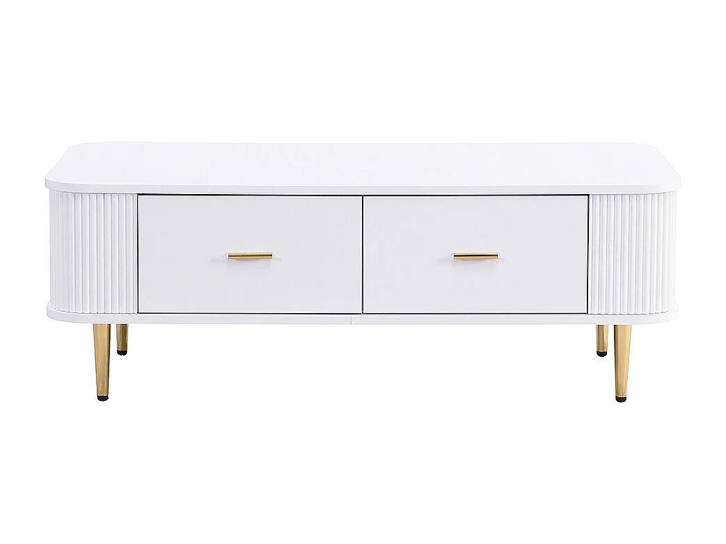 Couchtisch mit Schubladen, geschwungene Ecken, Wohnzimmertisch mit gewellten Seiten, goldenen Griffen und Füßen, Beistelltisch