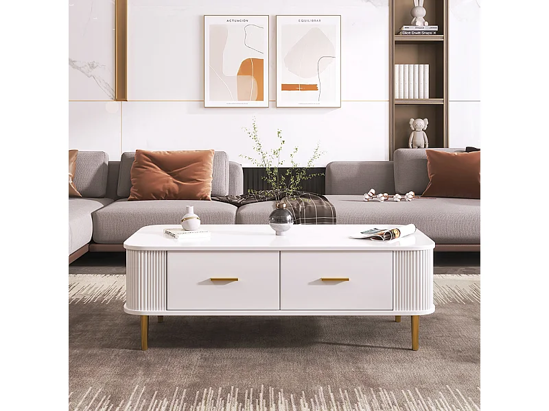 Couchtisch mit Schubladen, geschwungene Ecken, Wohnzimmertisch mit gewellten Seiten, goldenen Griffen und Füßen, Beistelltisch