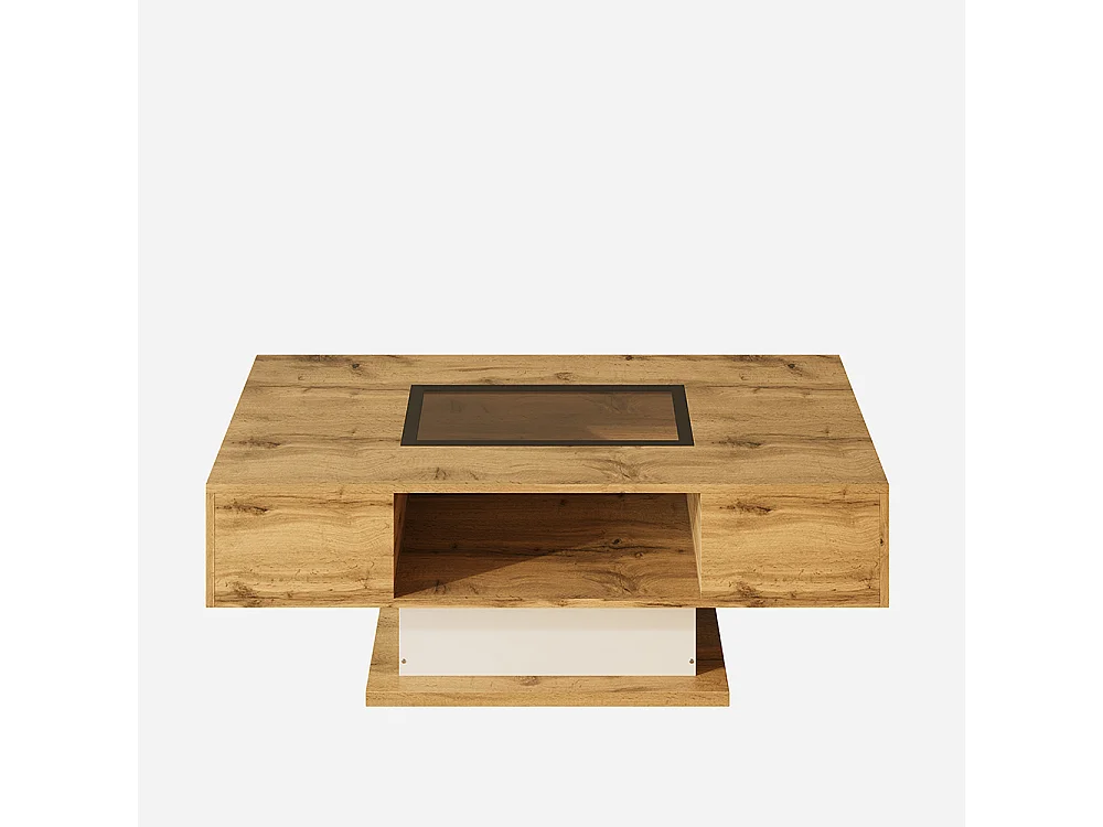 Table basse, table de salon avec lumière LED changeant de couleur, avec verre, table d'appoint avec deux tiroirs