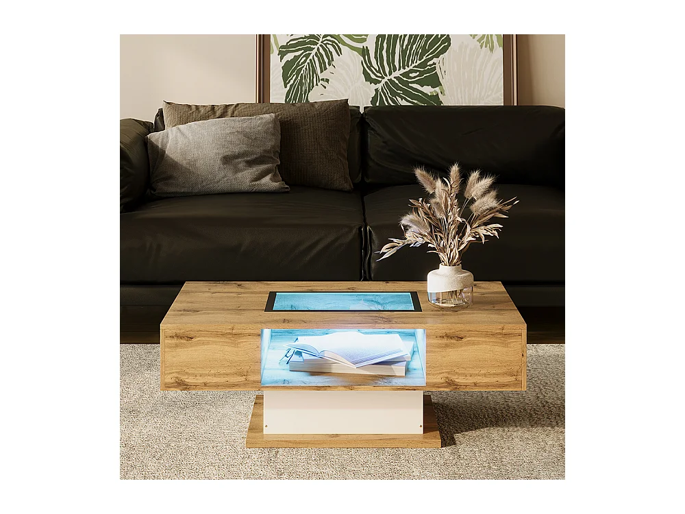 Salontafel, salontafel met kleurveranderend LED licht, met glas, bijzettafel met twee laden
