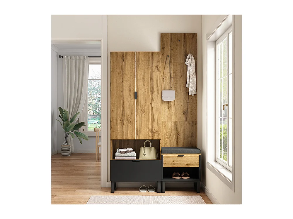 Set guardaroba con panca per scarpe e cuscini, accessori appesi davanti, cassetti e ripiani regolabili