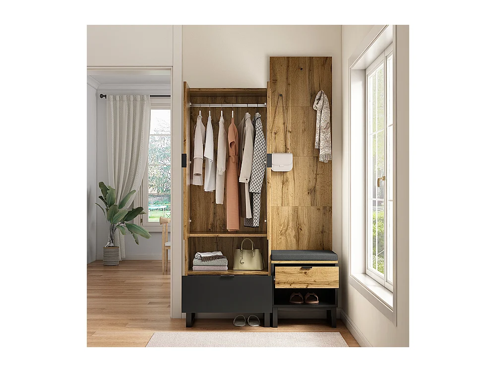 Set guardaroba con panca per scarpe e cuscini, accessori appesi davanti, cassetti e ripiani regolabili