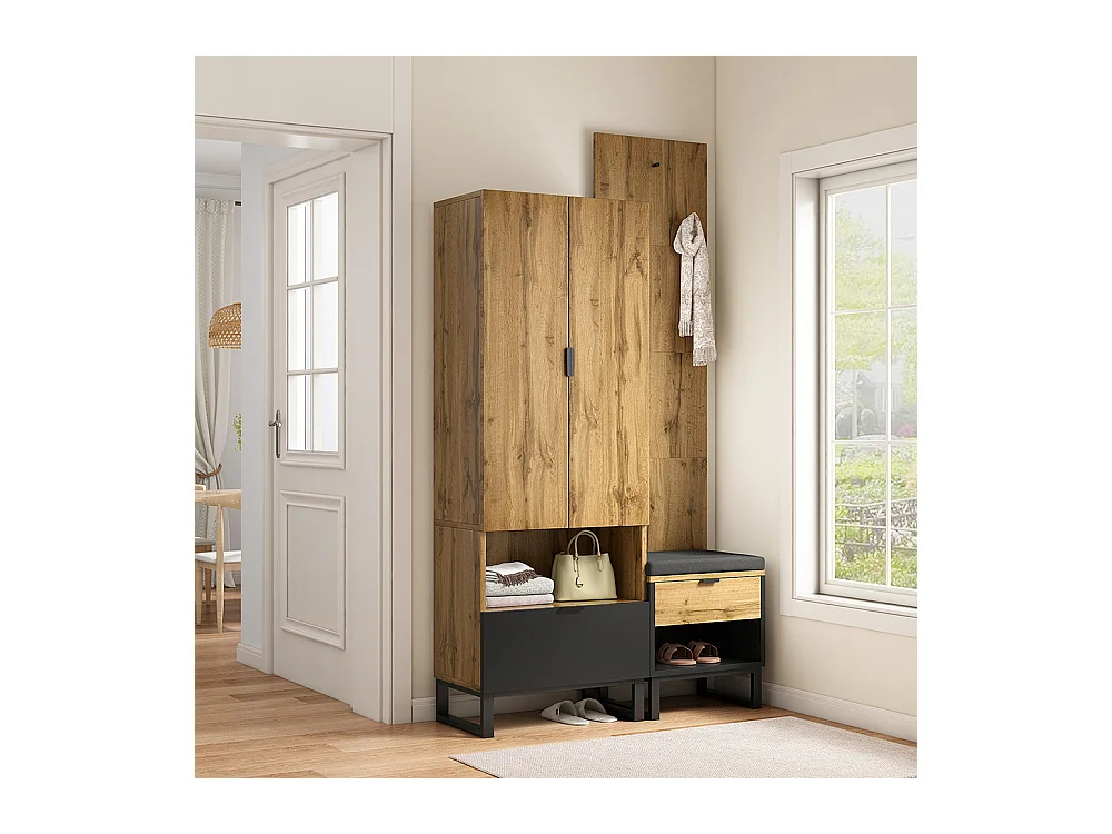 Set guardaroba con panca per scarpe e cuscini, accessori appesi davanti, cassetti e ripiani regolabili