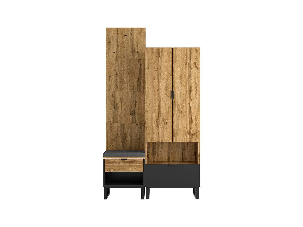 Set guardaroba con panca per scarpe e cuscini, accessori appesi davanti, cassetti e ripiani regolabili