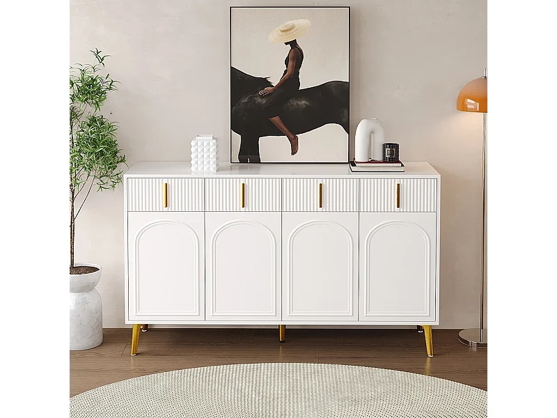 Sideboard mit goldenen Griffen und Füßen, 4 Türen, 4 Schubladen, mit abnehmbarem Laminat, geeignet für das Wohn- und Esszimmer, 140*37,8*82 cm.