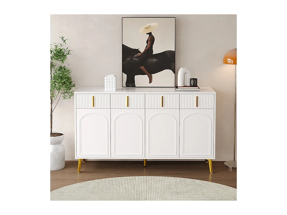 Buffet avec poignées et pieds dorés, 4 portes, 4 tiroirs, avec stratifié amovible, convient pour le salon et la salle à manger, 140*37,8*82 cm.