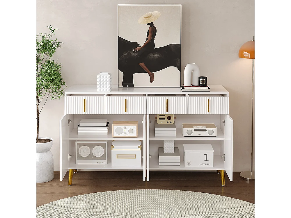 Buffet avec poignées et pieds dorés, 4 portes, 4 tiroirs, avec stratifié amovible, convient pour le salon et la salle à manger, 140*37,8*82 cm.