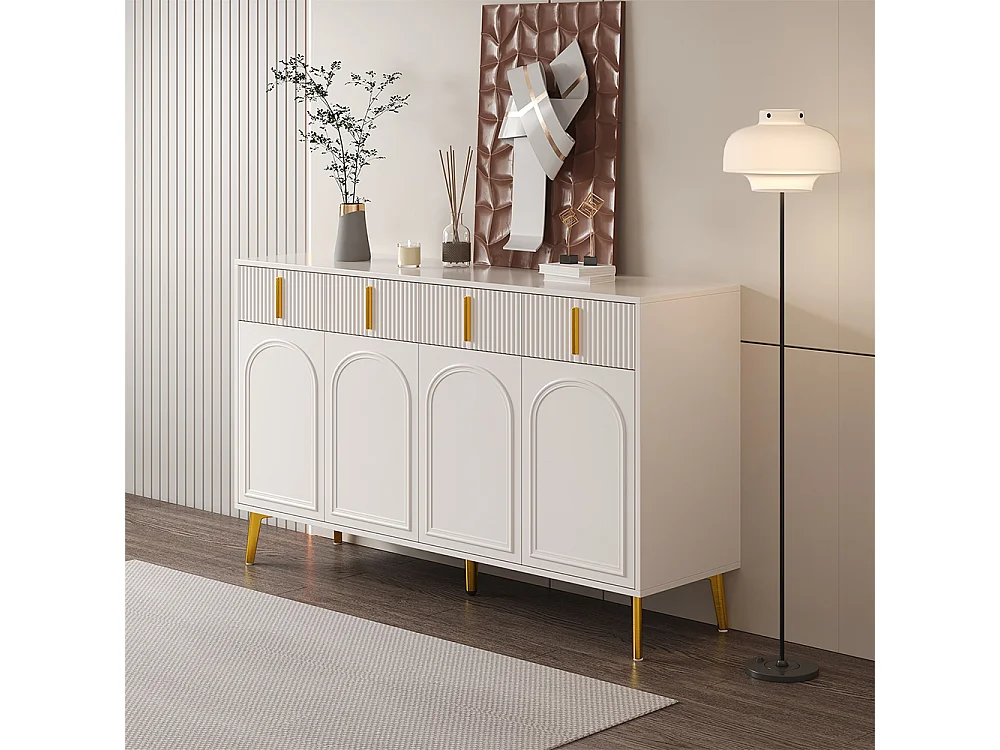 Buffet avec poignées et pieds dorés, 4 portes, 4 tiroirs, avec stratifié amovible, convient pour le salon et la salle à manger, 140*37,8*82 cm.