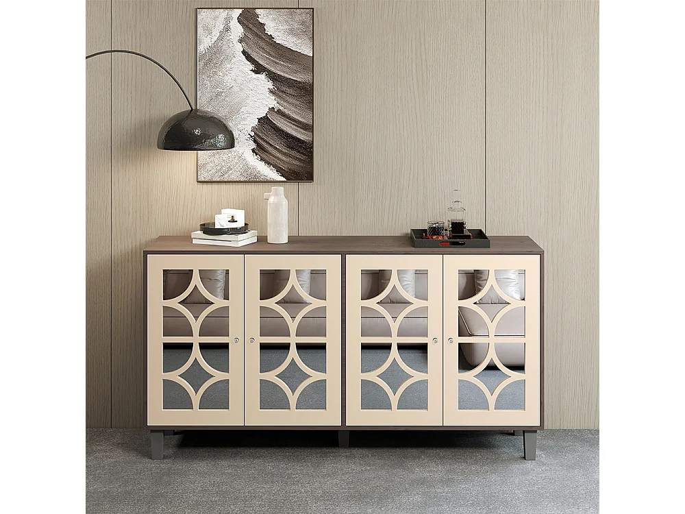 Aparador espelhado com puxadores de cristal, 4 portas, com laminado amovível, adequado para sala de estar e de jantar, 160 x 40 x 85 cm