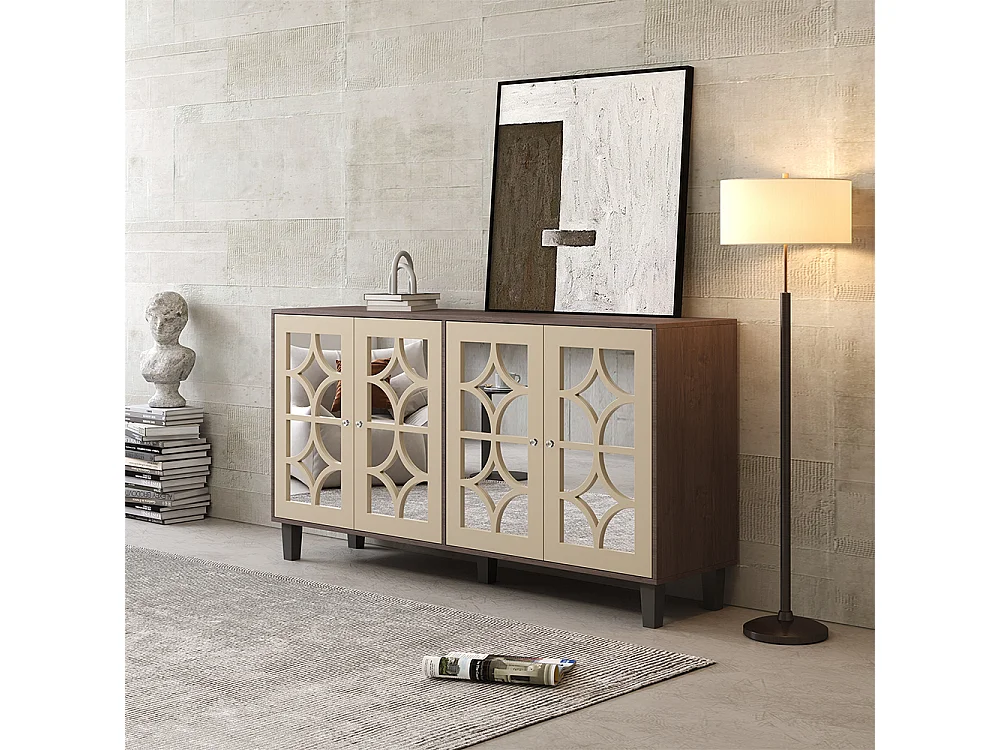 Aparador espelhado com puxadores de cristal, 4 portas, com laminado amovível, adequado para sala de estar e de jantar, 160 x 40 x 85 cm