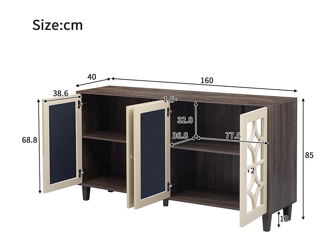 Aparador espelhado com puxadores de cristal, 4 portas, com laminado amovível, adequado para sala de estar e de jantar, 160 x 40 x 85 cm