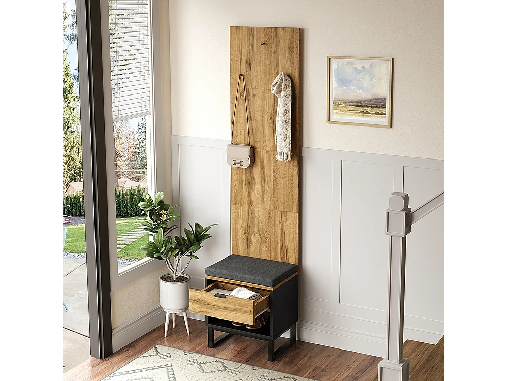 Ensemble vestiaire avec tabouret à chaussures et coussin, accessoires suspendus à l'avant et tiroirs