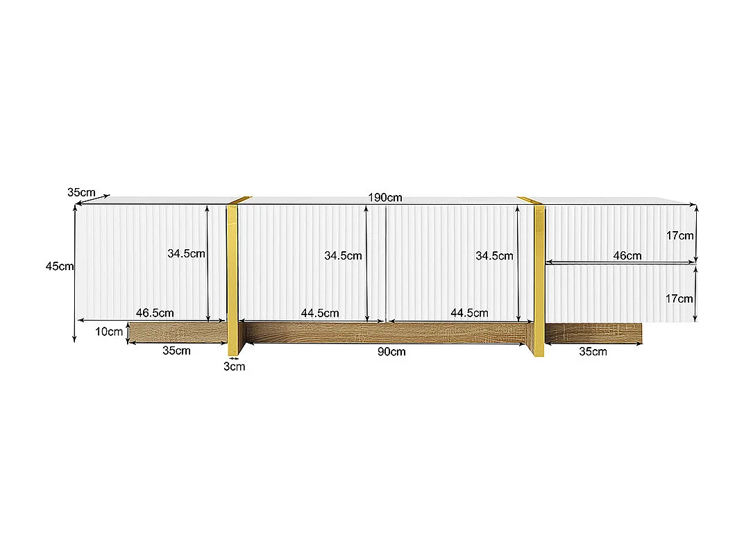 Meuble TV 190 cm, meuble de rangement, 3 portes et 2 tiroirs, blanc avec or et grain de bois