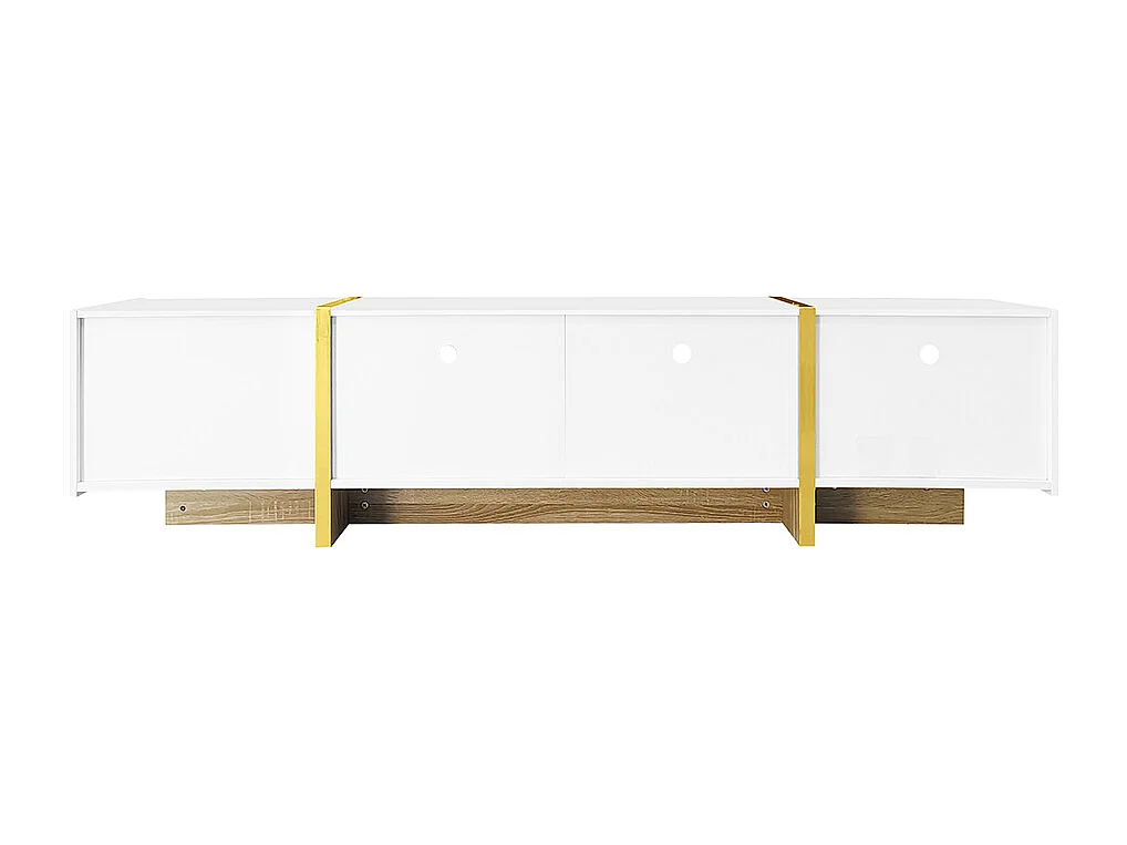 Meuble TV 190 cm, meuble de rangement, 3 portes et 2 tiroirs, blanc avec or et grain de bois