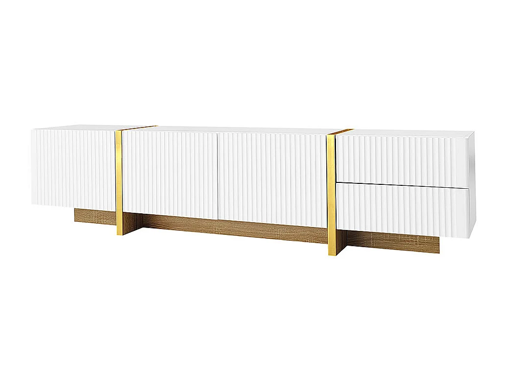 Meuble TV 190 cm, meuble de rangement, 3 portes et 2 tiroirs, blanc avec or et grain de bois