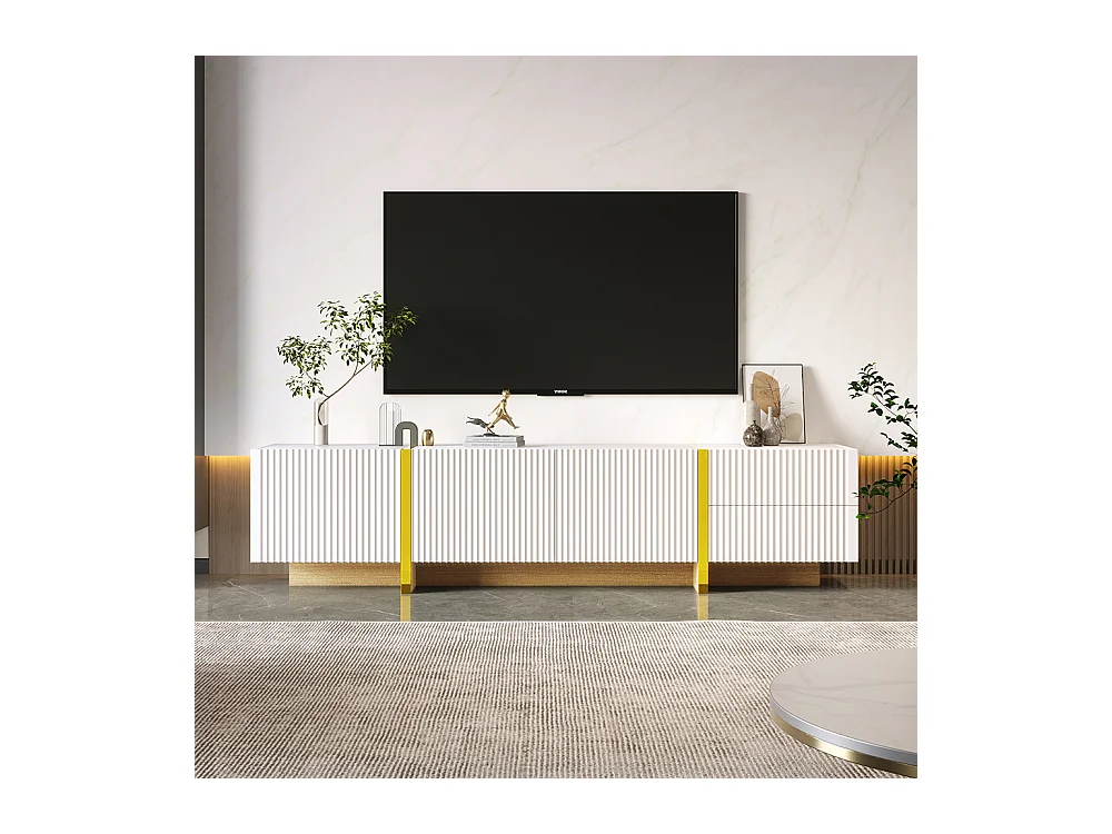 TV-Schrank, 190 cm, Aufbewahrungsmöbel, 3 Türen und 2 Schubladen, weiß mit Gold und Holzmaserung.