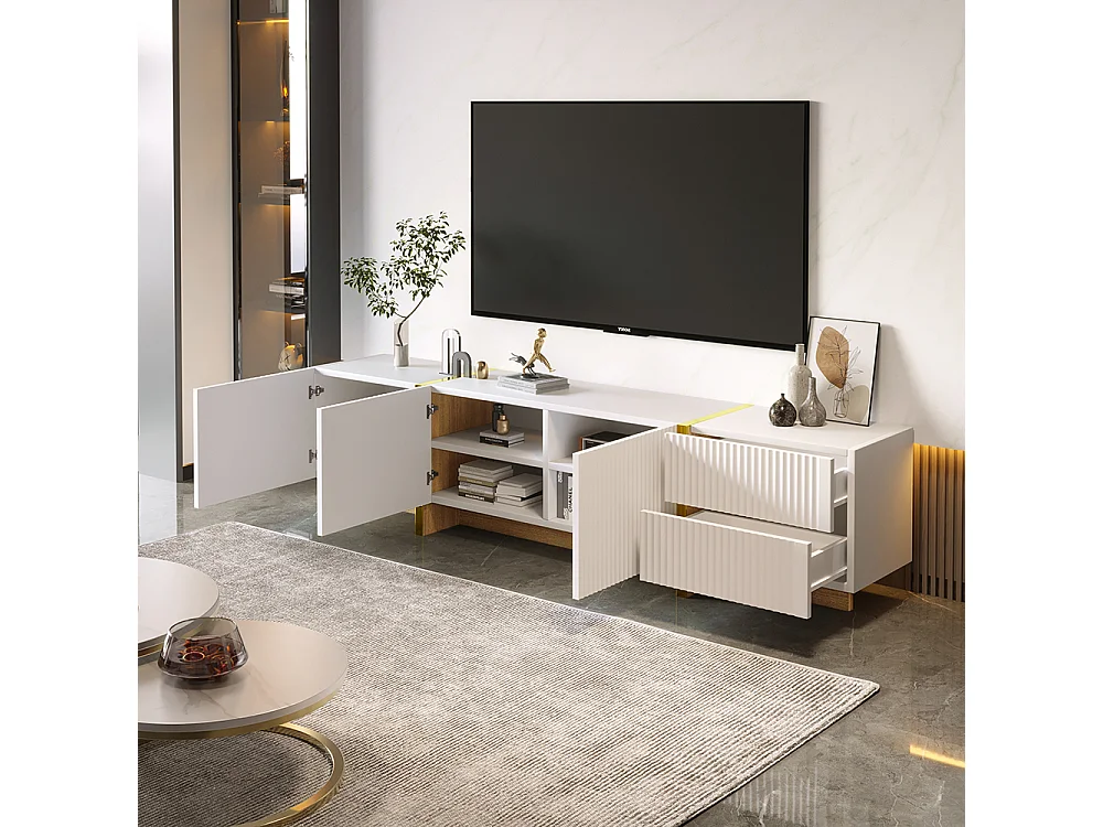 Meuble TV 190 cm, meuble de rangement, 3 portes et 2 tiroirs, blanc avec or et grain de bois