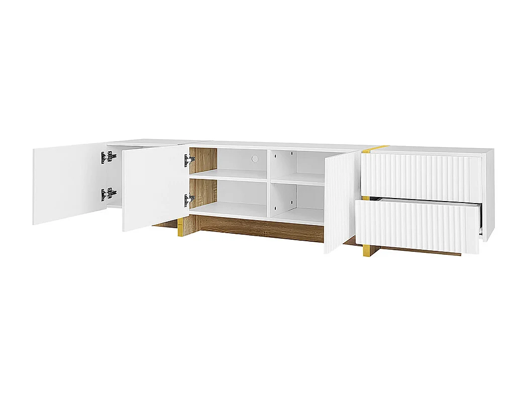 Meuble TV 190 cm, meuble de rangement, 3 portes et 2 tiroirs, blanc avec or et grain de bois