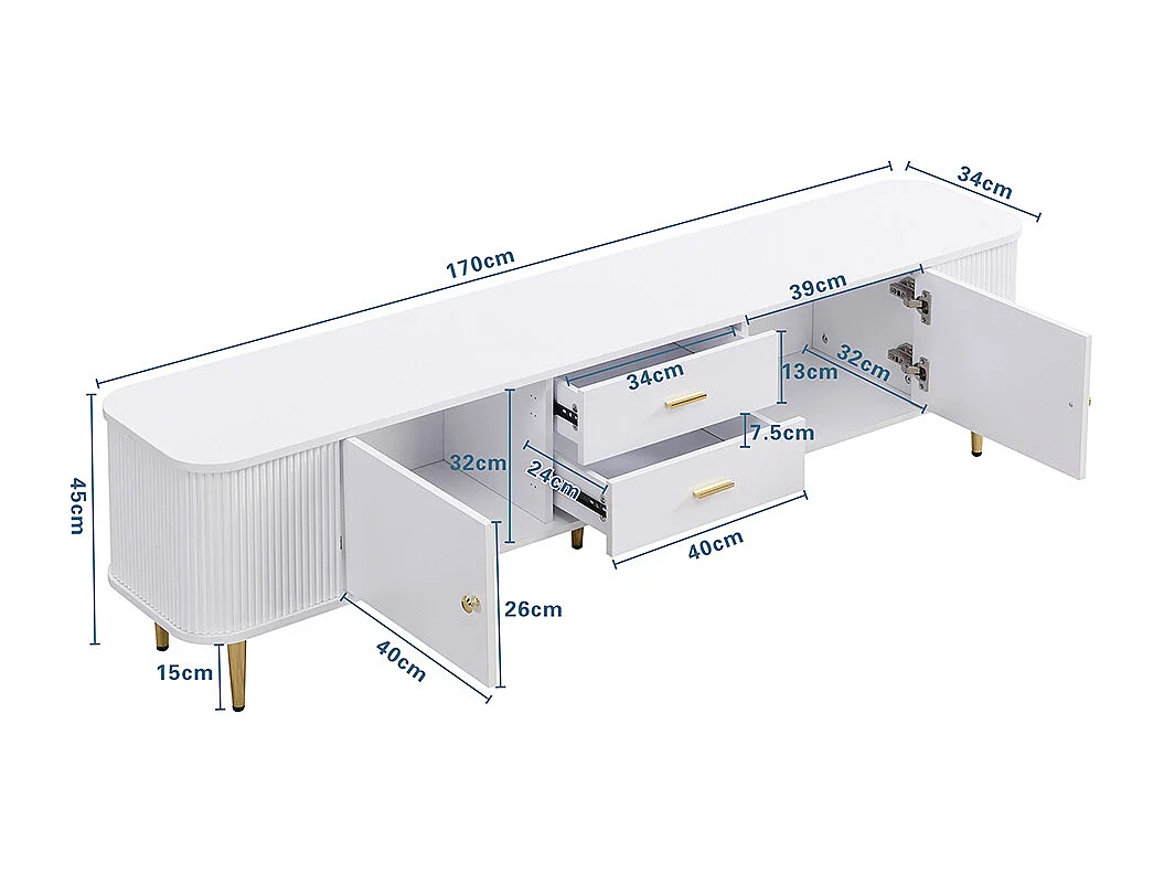 Meuble de rangement avec tiroirs, coins incurvés Meuble TV avec côtés ondulés, poignées et pieds dorés