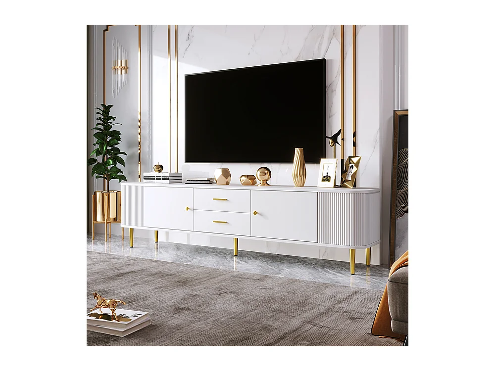Meuble de rangement avec tiroirs, coins incurvés Meuble TV avec côtés ondulés, poignées et pieds dorés