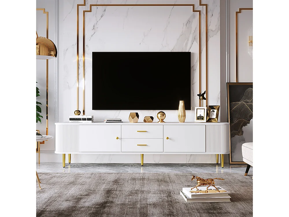 Schrank mit Schubladen, geschwungene Ecken TV-Möbel mit gewellten Seiten, vergoldeten Griffen und Füßen.