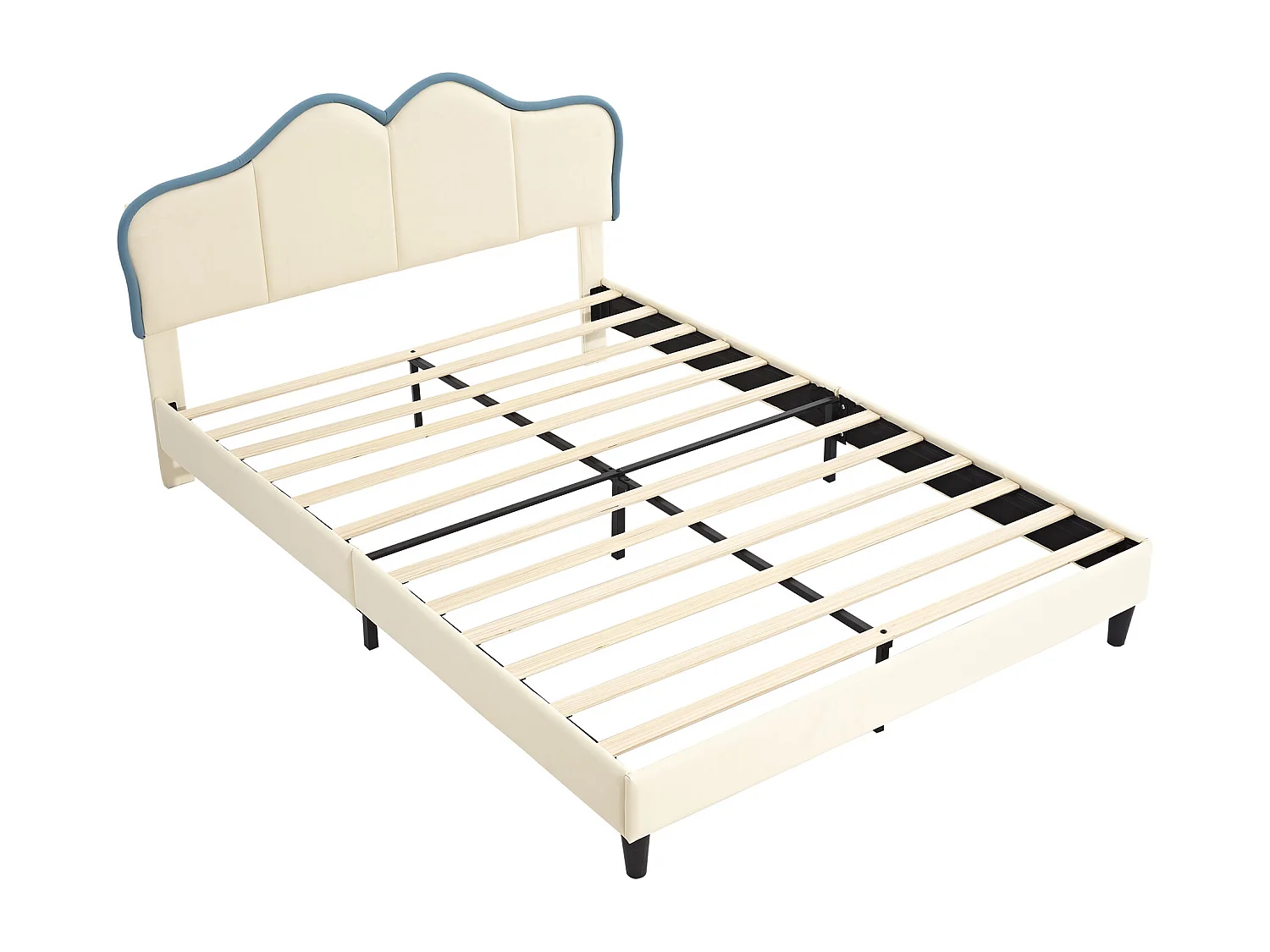 Gepolstertes Kinderbett 140x200 cm, mit weichen Schutzrändern, robuste Füße, PU, weiß + blau.