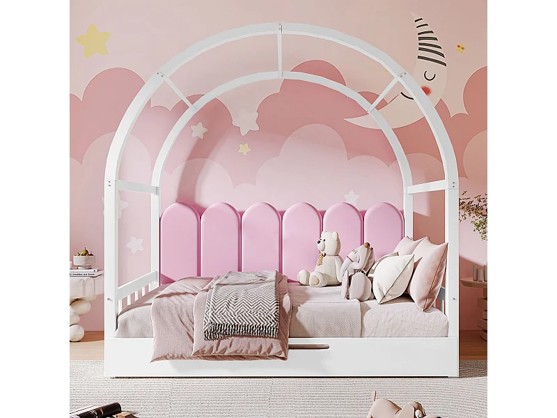 Ausziehbares Bett, Kinderdoppelbett, Samtkissen, weiß + rosa (140x100 cm & 140x200 cm)