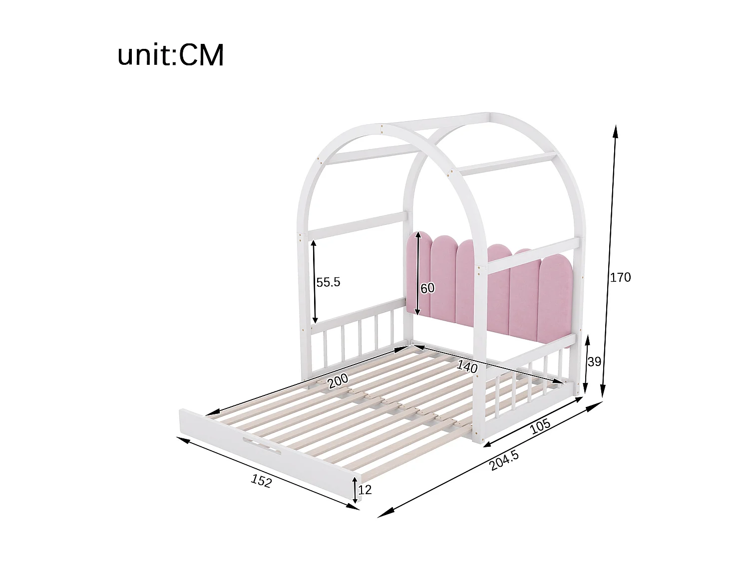 Lit coulissant, lit d'enfant double, coussins en velours, blanc + rose (140x100 cm & 140x200 cm)