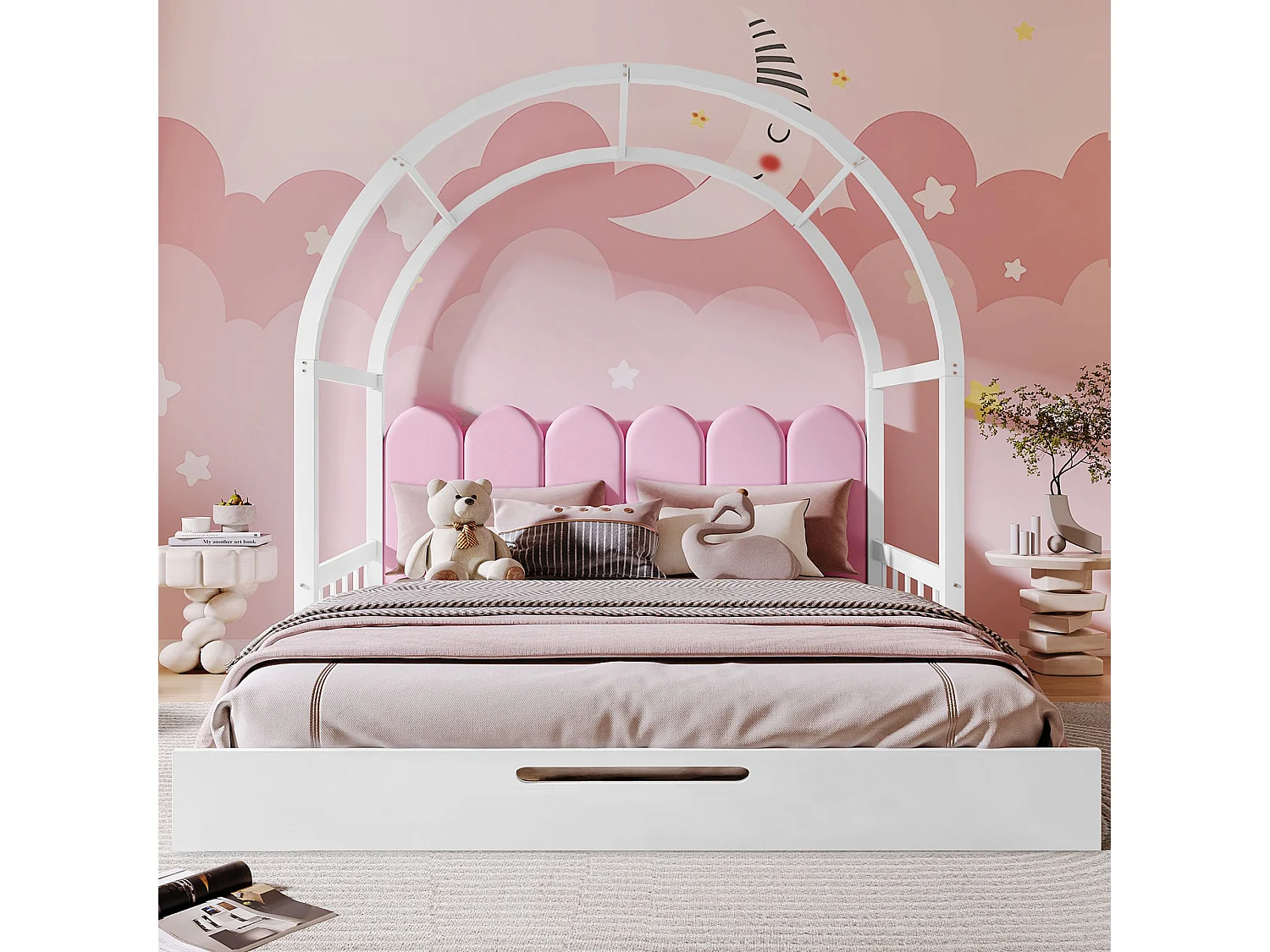 Lit coulissant, lit d'enfant double, coussins en velours, blanc + rose (140x100 cm & 140x200 cm)