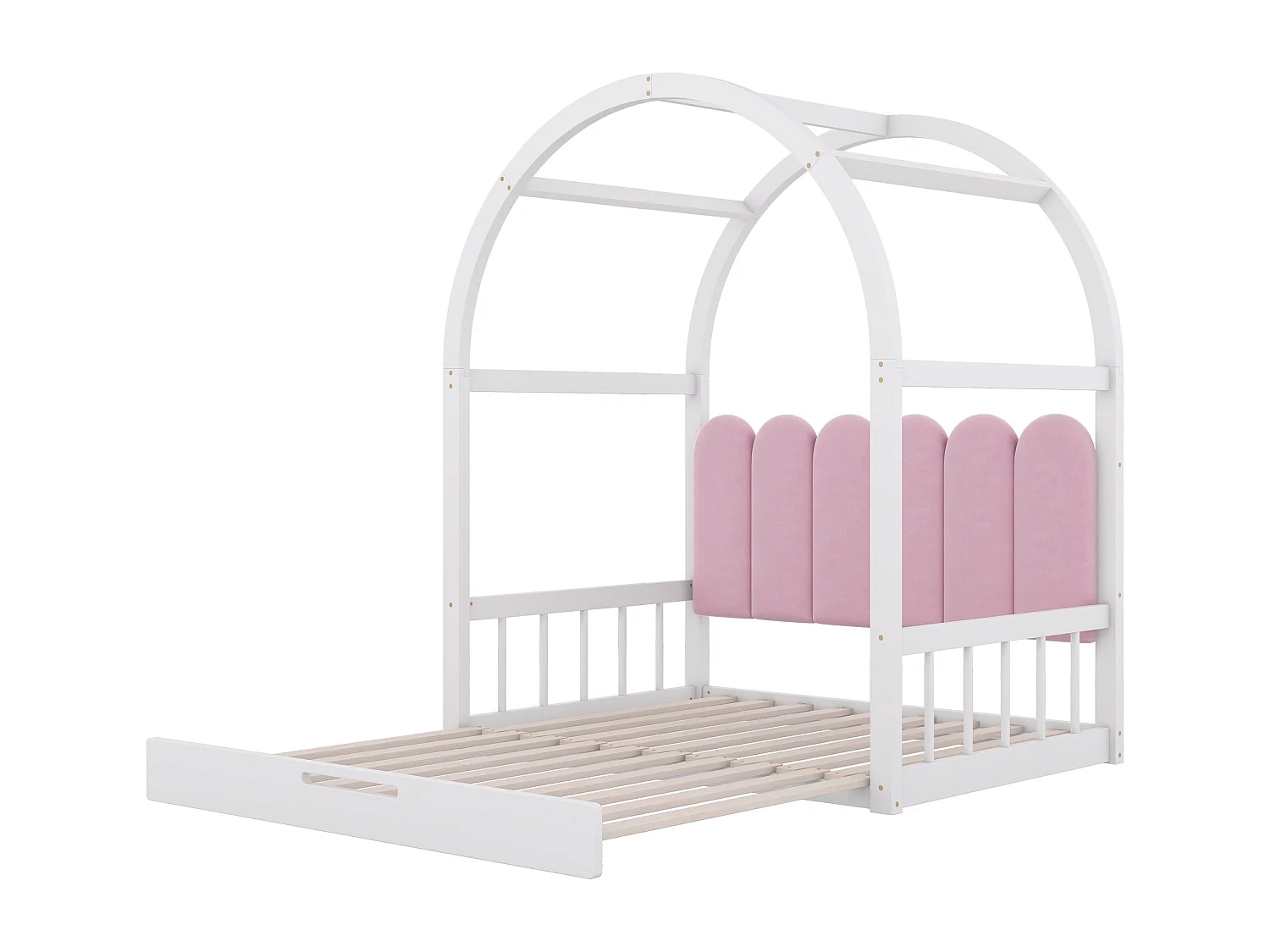 Lit coulissant, lit d'enfant double, coussins en velours, blanc + rose (140x100 cm & 140x200 cm)