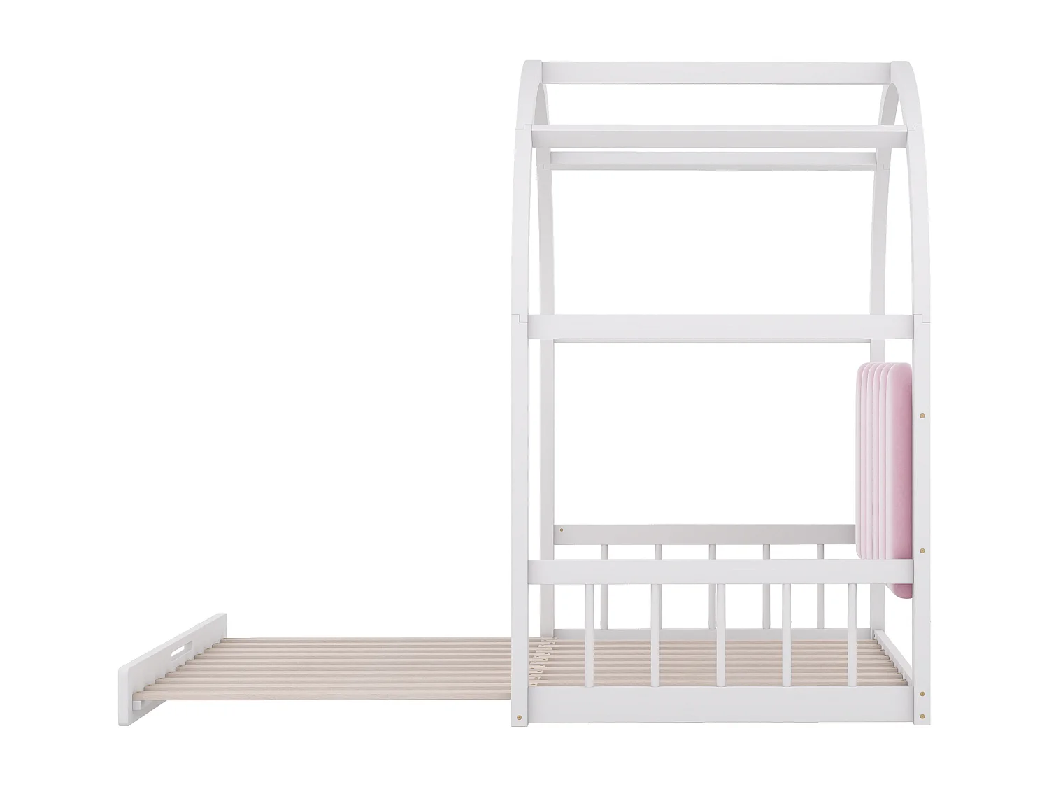 Lit coulissant, lit d'enfant double, coussins en velours, blanc + rose (140x100 cm & 140x200 cm)