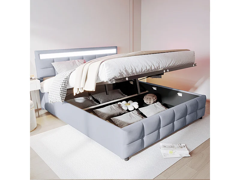 Lit double 180*200 cm, éclairage LED, sommier à lattes, lit hydraulique, tissu velours, gris