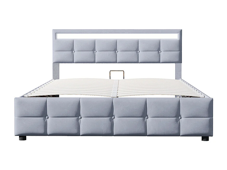 Doppelbett 180*200 cm, LED-Beleuchtung, Lattenrost, hydraulisches Bett, samtweicher Stoff, grau.