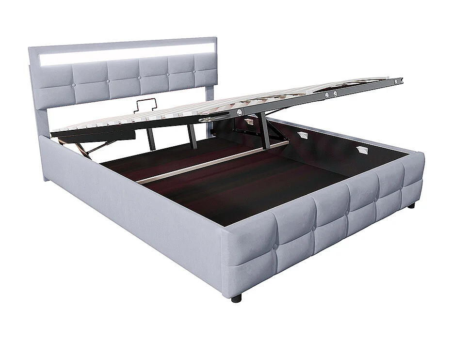 Doppelbett 180*200 cm, LED-Beleuchtung, Lattenrost, hydraulisches Bett, samtweicher Stoff, grau.