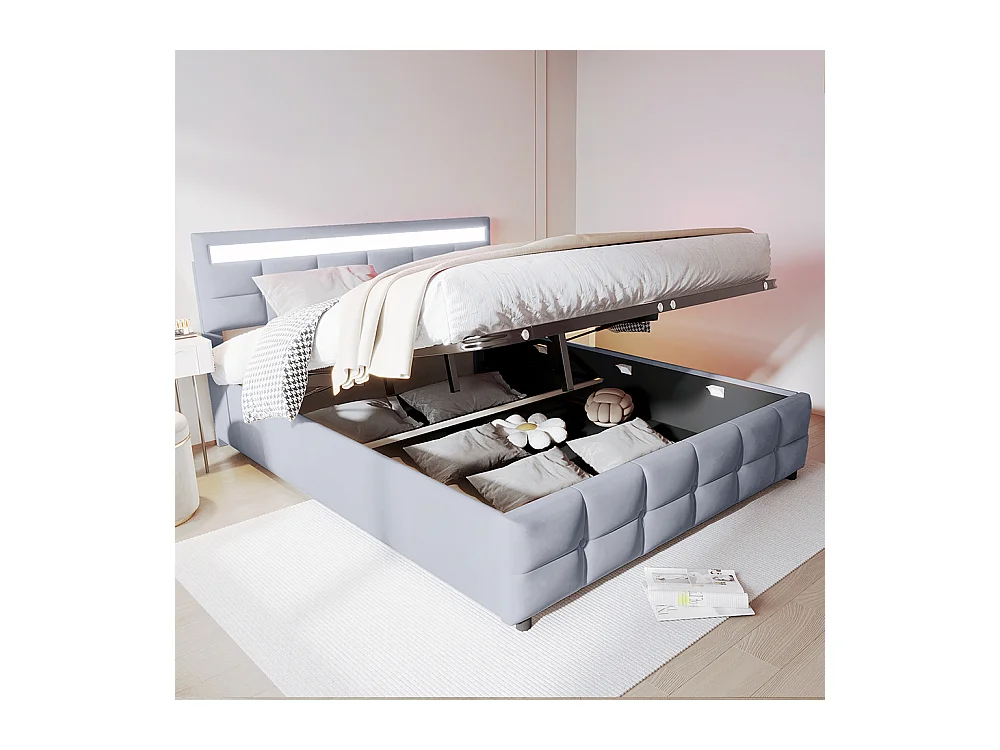 Lit double 180*200 cm, éclairage LED, sommier à lattes, lit hydraulique, tissu velours, gris