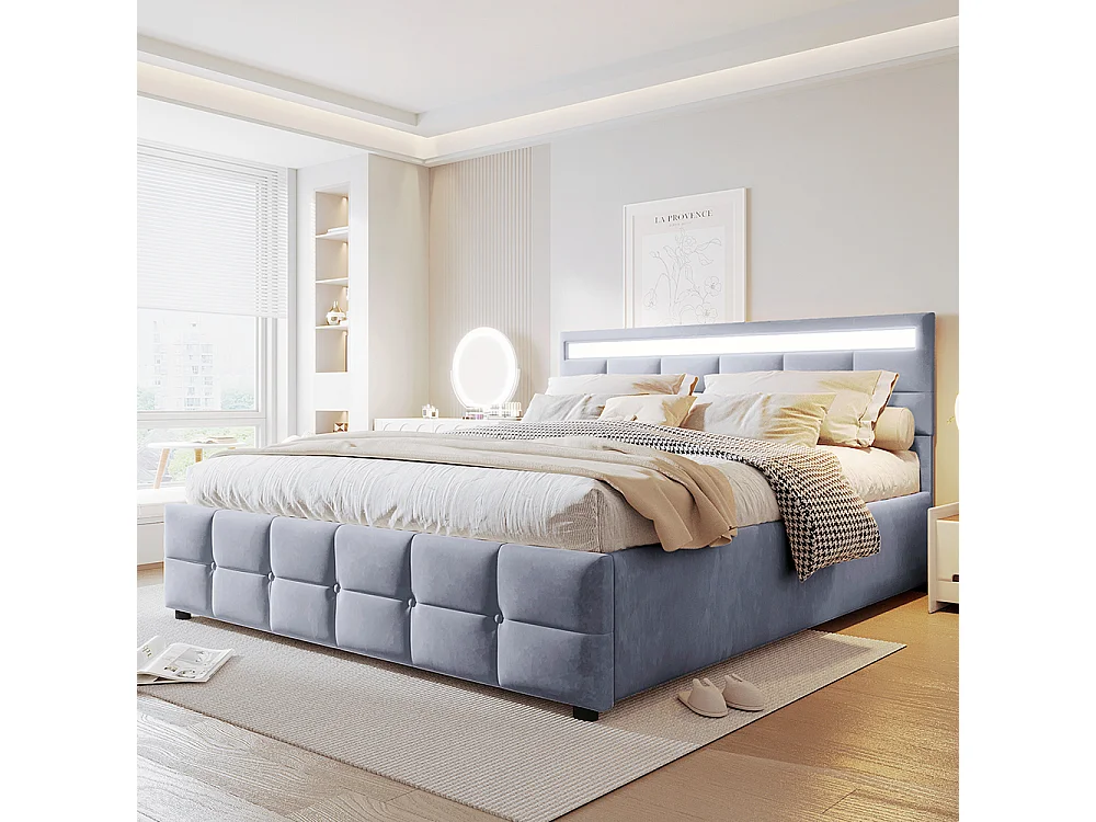 Lampada doppia 180*200 cm, illuminazione a LED, sommier con lattes, illuminazione idraulica, tessuto velours, grigio