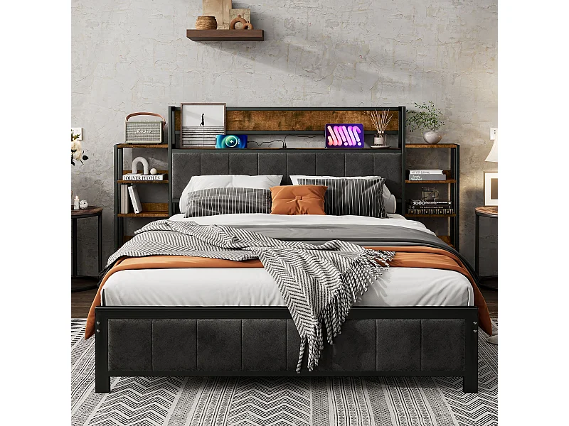 Iluminación adulto 140x200cm , Techo con biblioteca, 3 puertos USB, Metal + MDF + terciopelo, Noir + Noyer