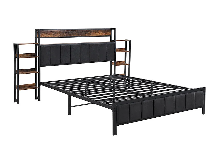Lit métal adulte 140x200cm , Tête de lit avec bibliothèque, 3 ports USB, Métal + MDF + velours, Noir + Noyer