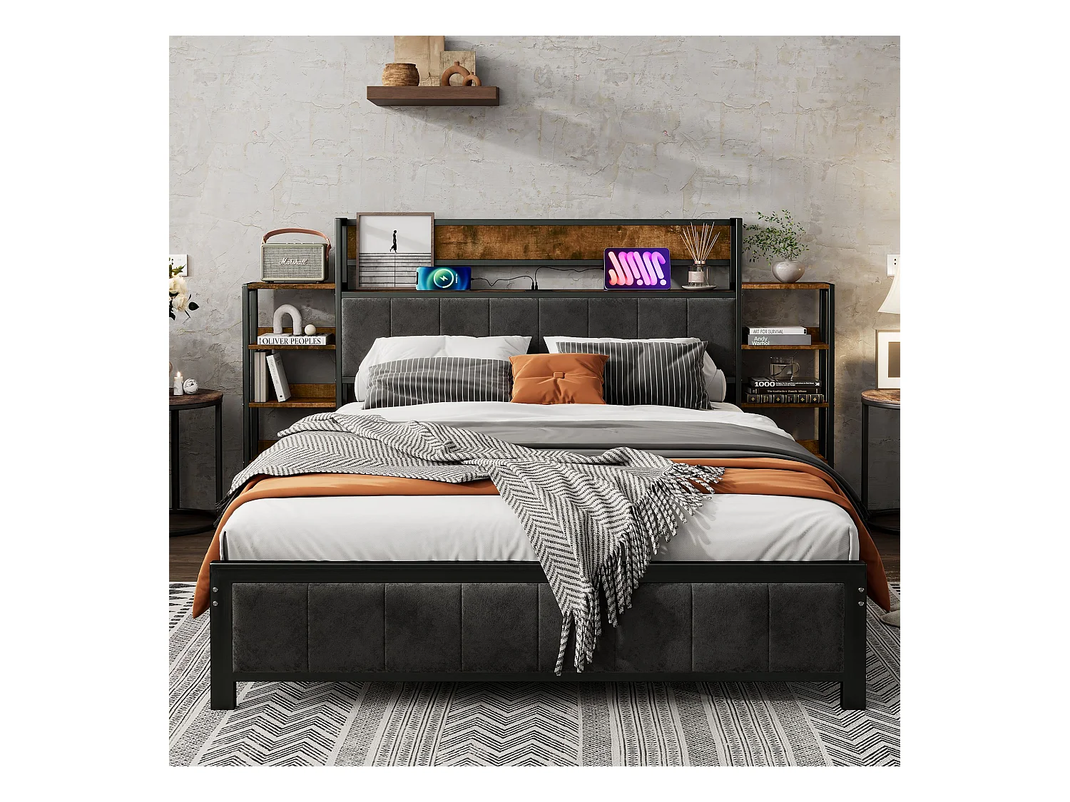 Lit métal adulte 140x200cm , Tête de lit avec bibliothèque, 3 ports USB, Métal + MDF + velours, Noir + Noyer