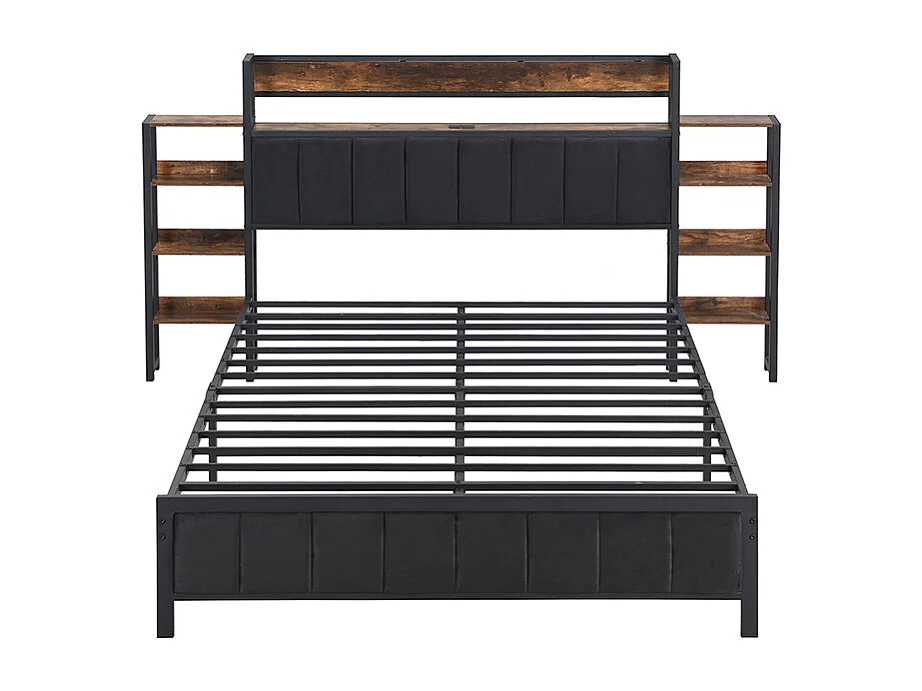 Lit métal adulte 140x200cm , Tête de lit avec bibliothèque, 3 ports USB, Métal + MDF + velours, Noir + Noyer