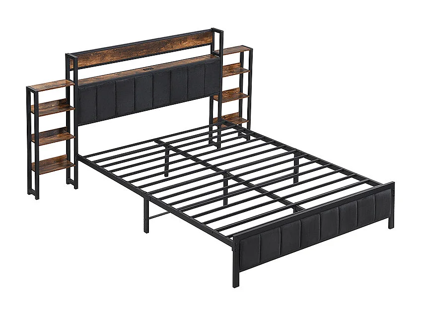Lit métal adulte 140x200cm , Tête de lit avec bibliothèque, 3 ports USB, Métal + MDF + velours, Noir + Noyer