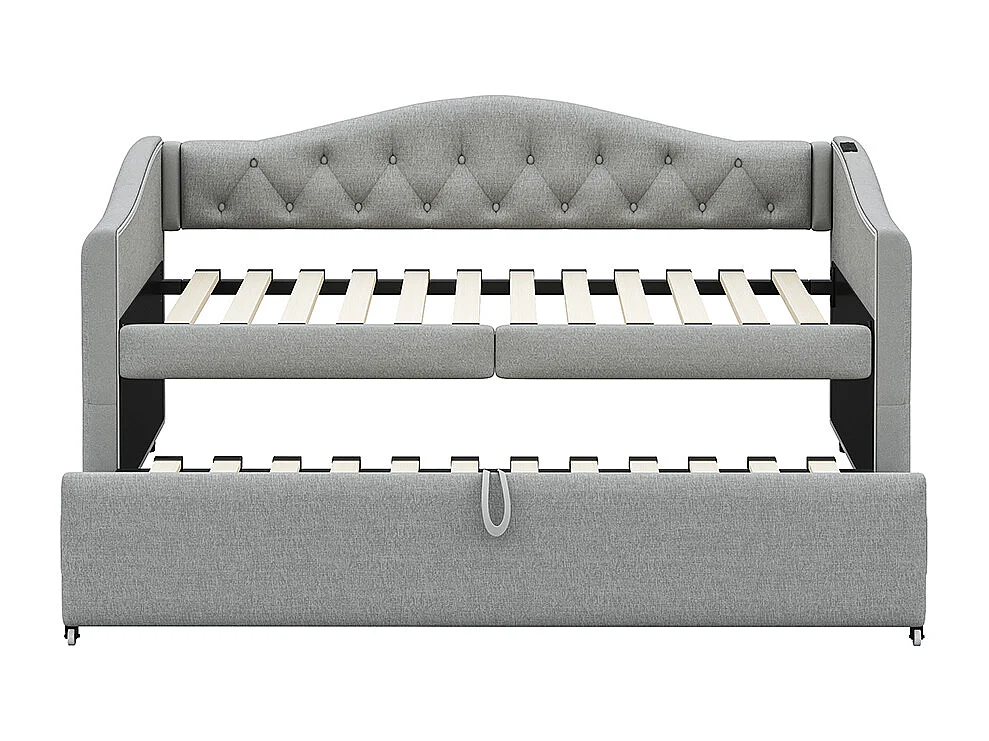 Lit rembourré, canapé-lit extensible 90*200 cm, avec port USB, forme classique avec boutons, lin, Gris