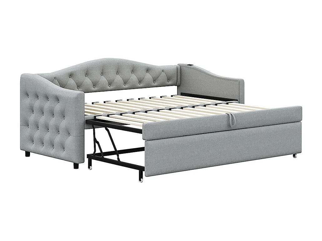 Lit rembourré, canapé-lit extensible 90*200 cm, avec port USB, forme classique avec boutons, lin, Gris