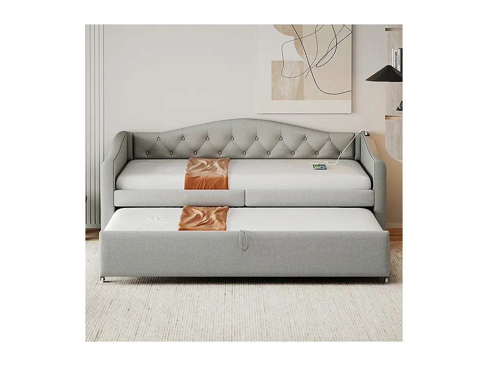 Gestoffeerd bed, uitschuifbare slaapbank 90*200 cm, met USB-aansluiting, klassieke vormgeving met knopen, linnen, grijs