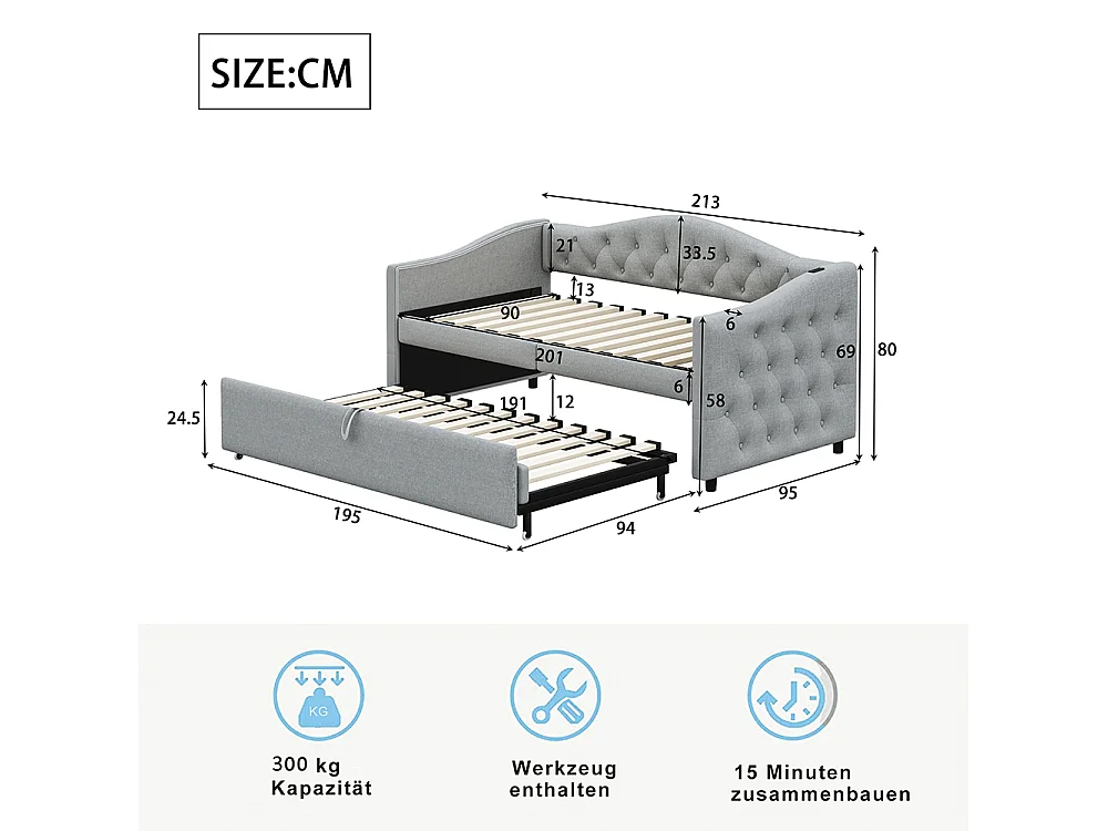 Lit rembourré, canapé-lit extensible 90*200 cm, avec port USB, forme classique avec boutons, lin, Gris